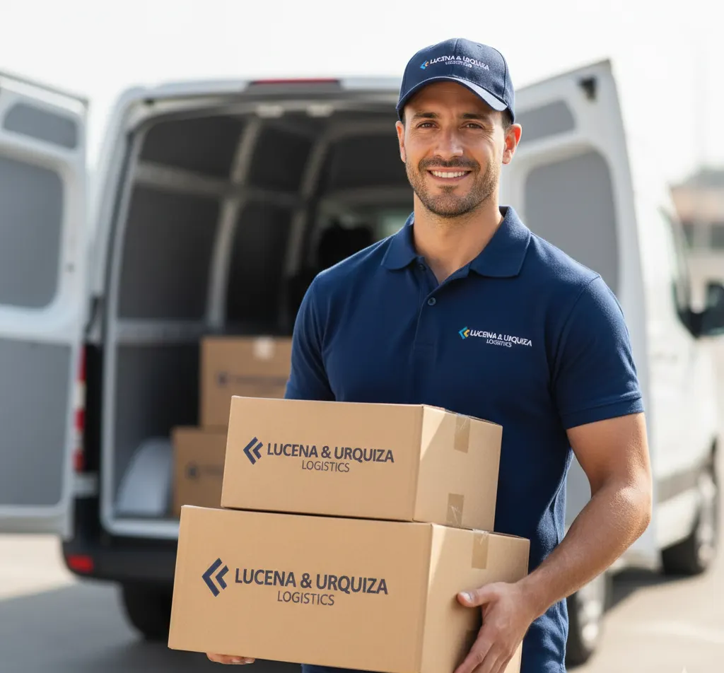 Profissional da Lucena & Urquiza com caixas junto à carrinha de transporte